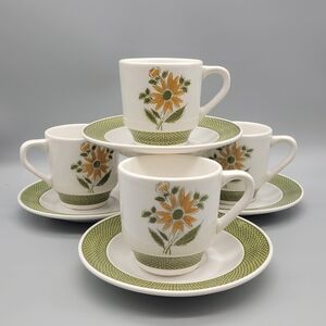 Set of 4 cups & saucers, Daisy Sunflower Boho Hippie mugs